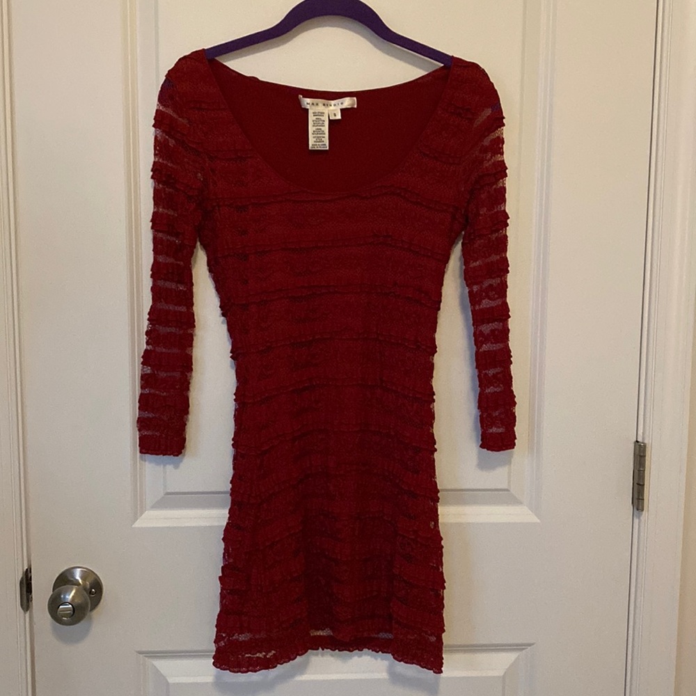Max Studio Lace Ruffle Burgundy Red Bodycon Dress, Size Small